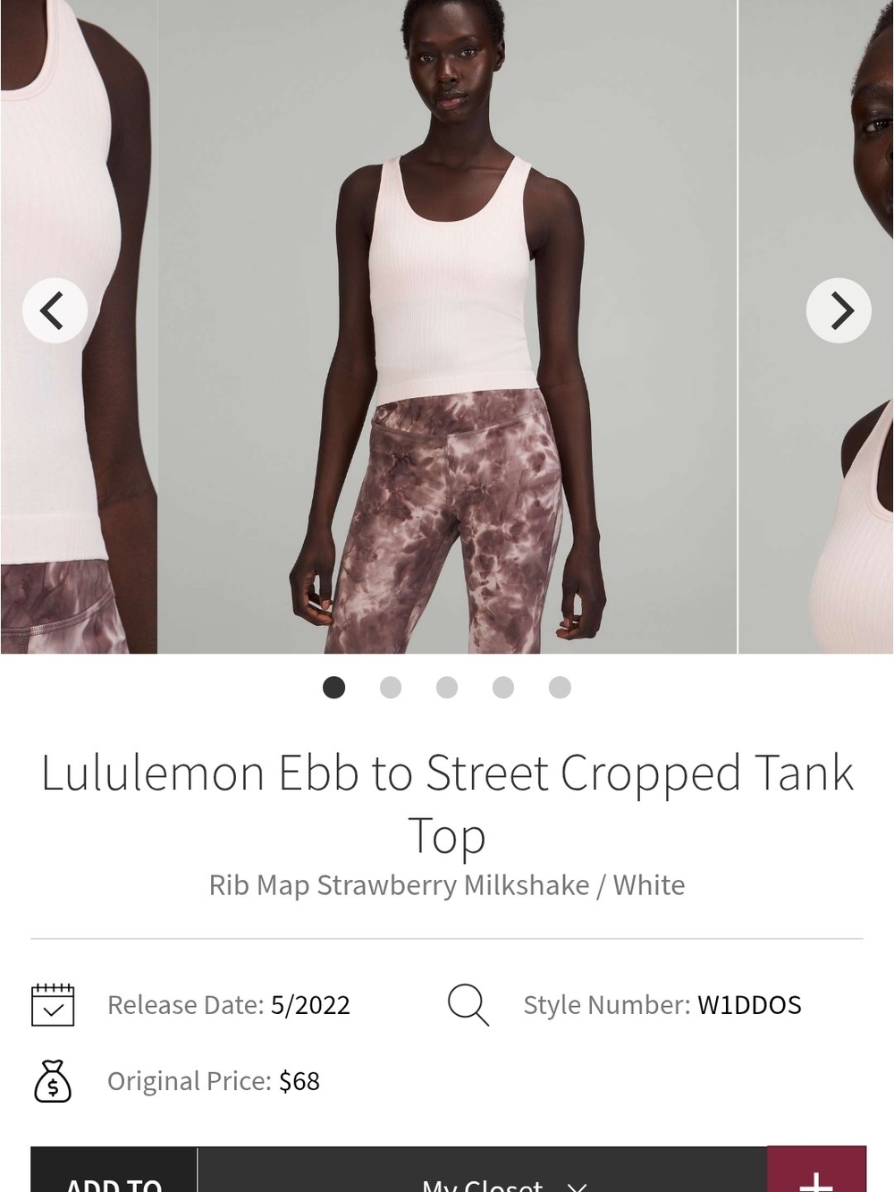 Lululemon Ebb to Street Cropped Tank Top - Strawberry Milkshake/White